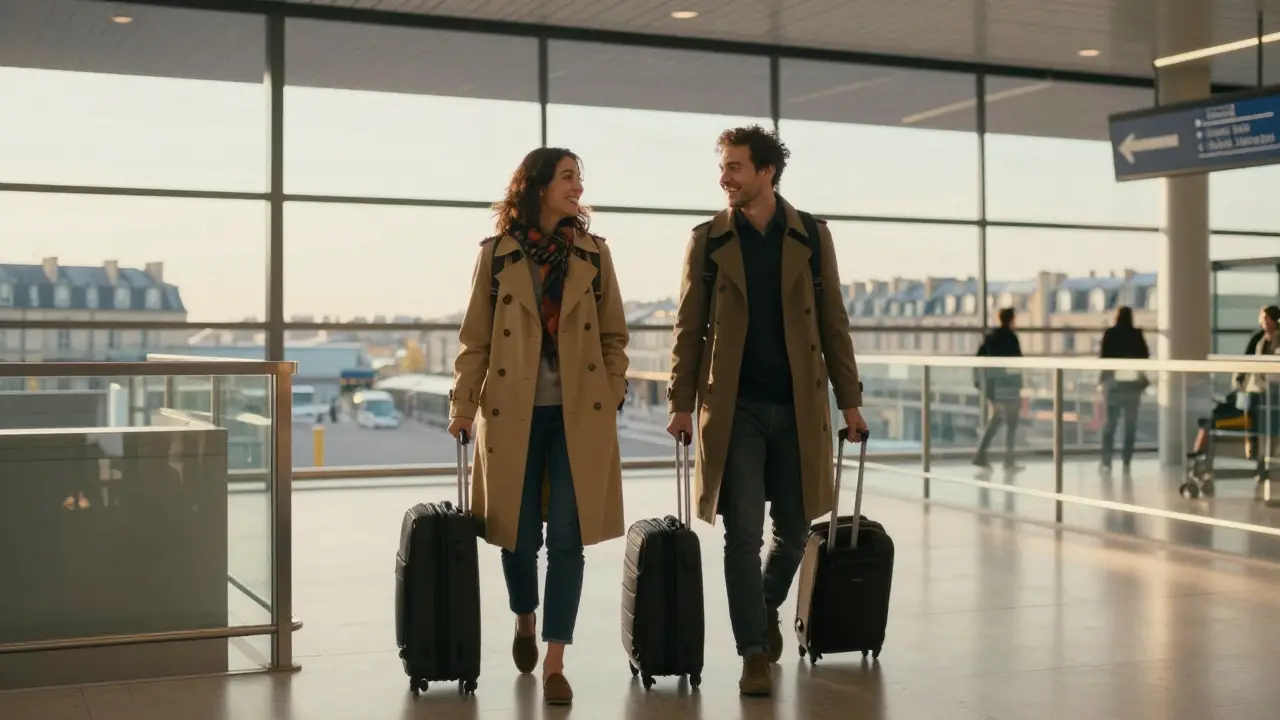 Two stylish travelers exit a plane in Paris, suitcases in hand, golden hour light behind them.