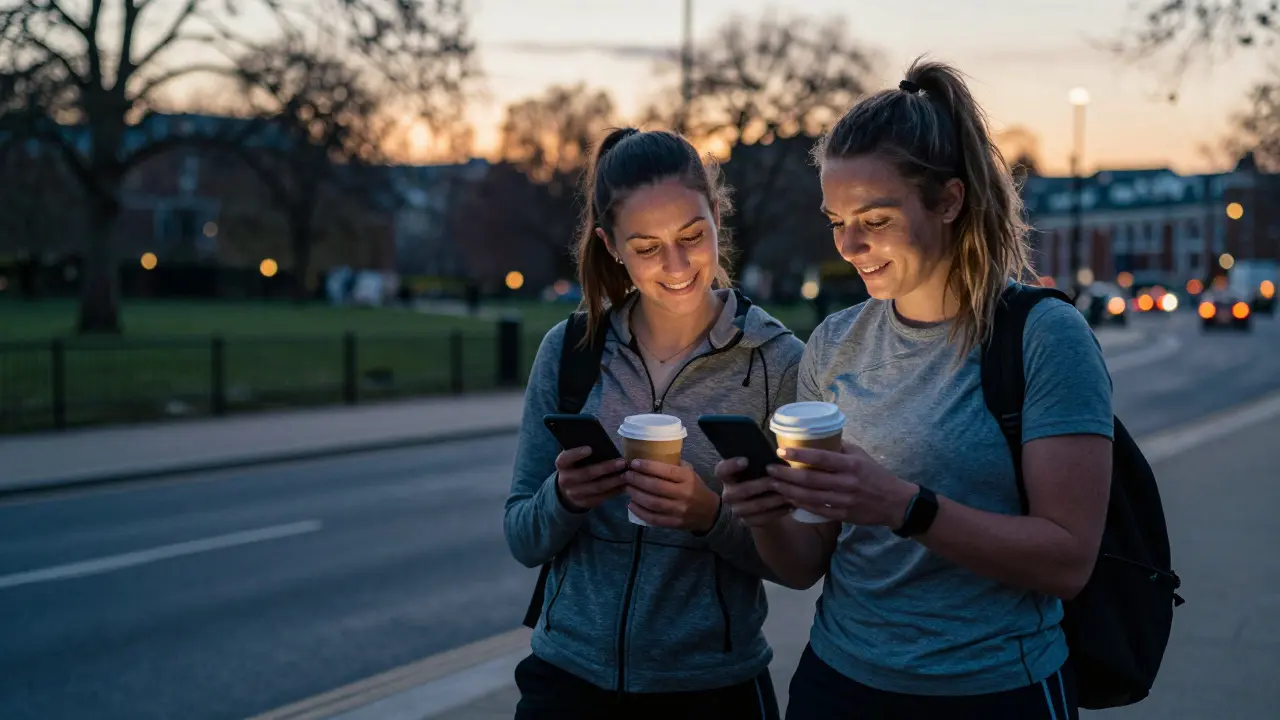 Two women texting each other while standing together at sunset in a city street.