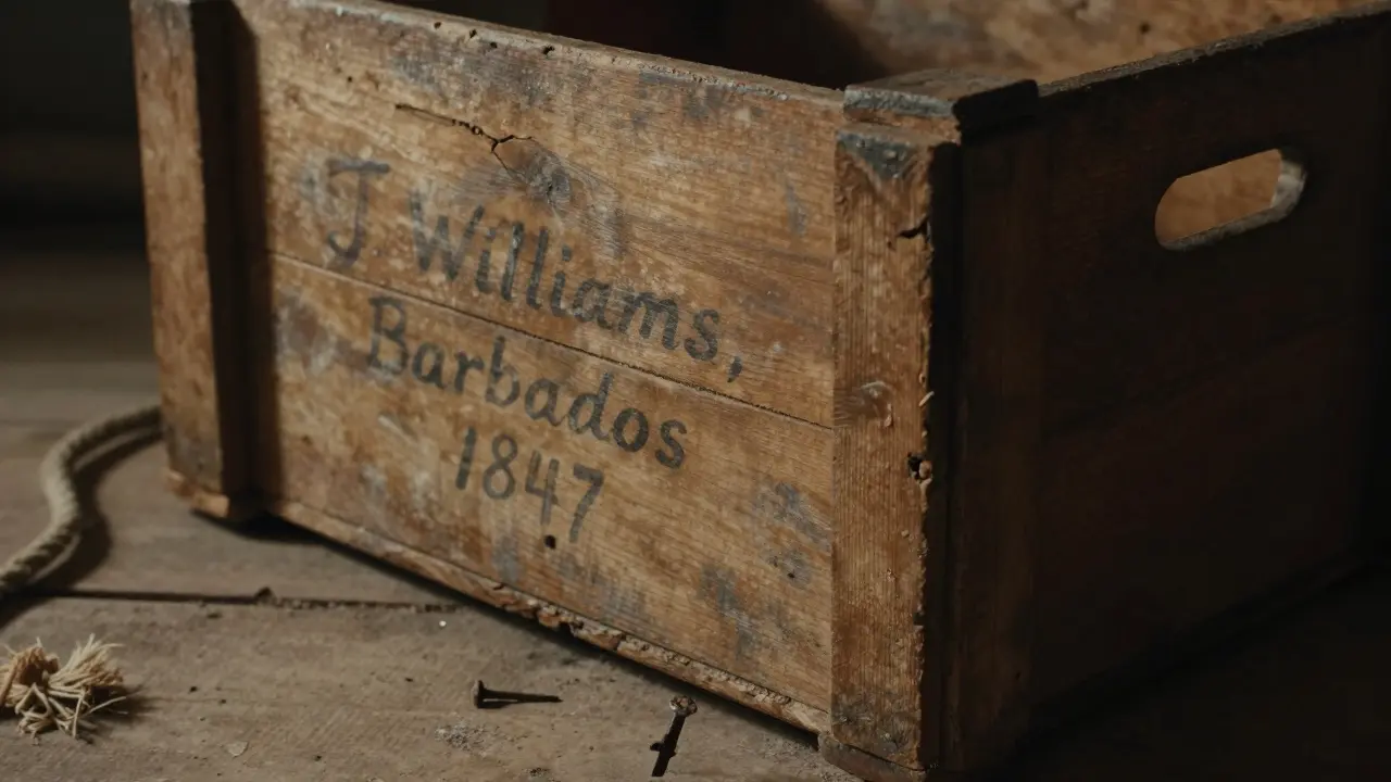 Weathered 19th-century sugar crate with handwritten label 'J. Williams, Barbados 1847'