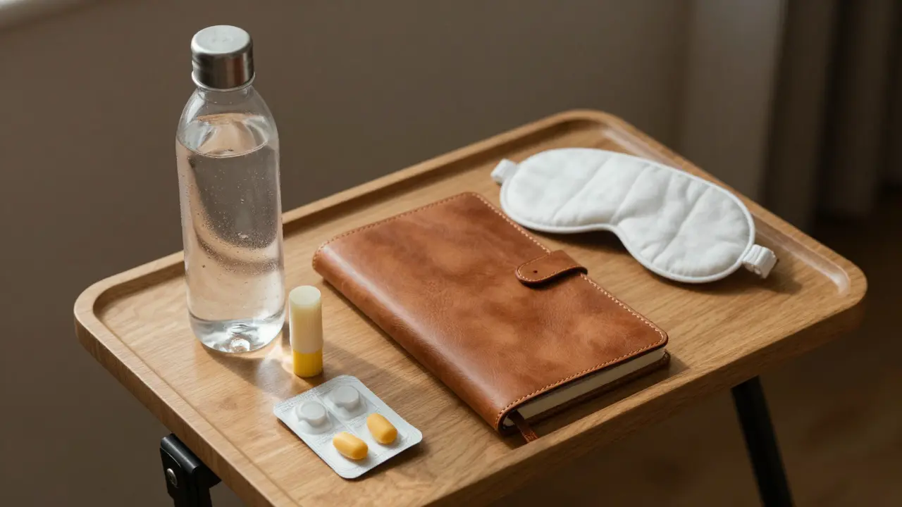 Wellness kit on tray table with water bottle, lip balm, earplugs, and journal