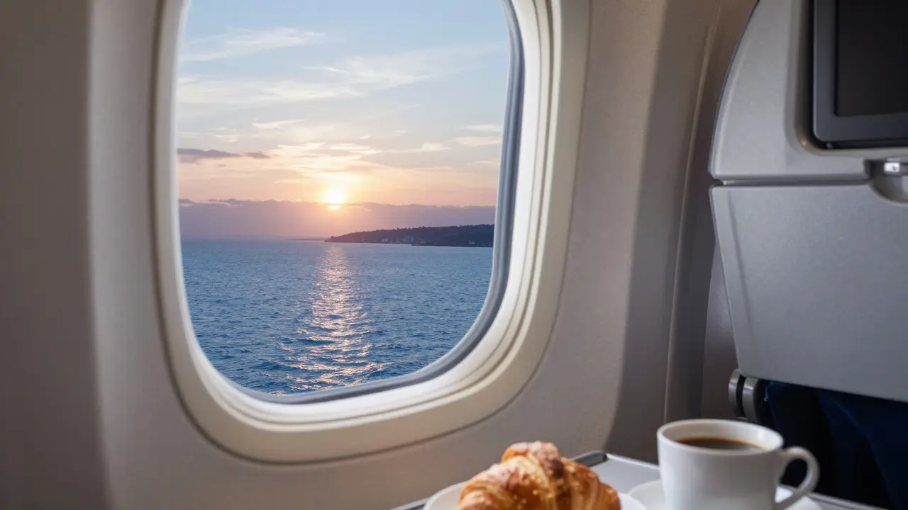 Window view of the English Channel at sunrise during a flight to Paris.