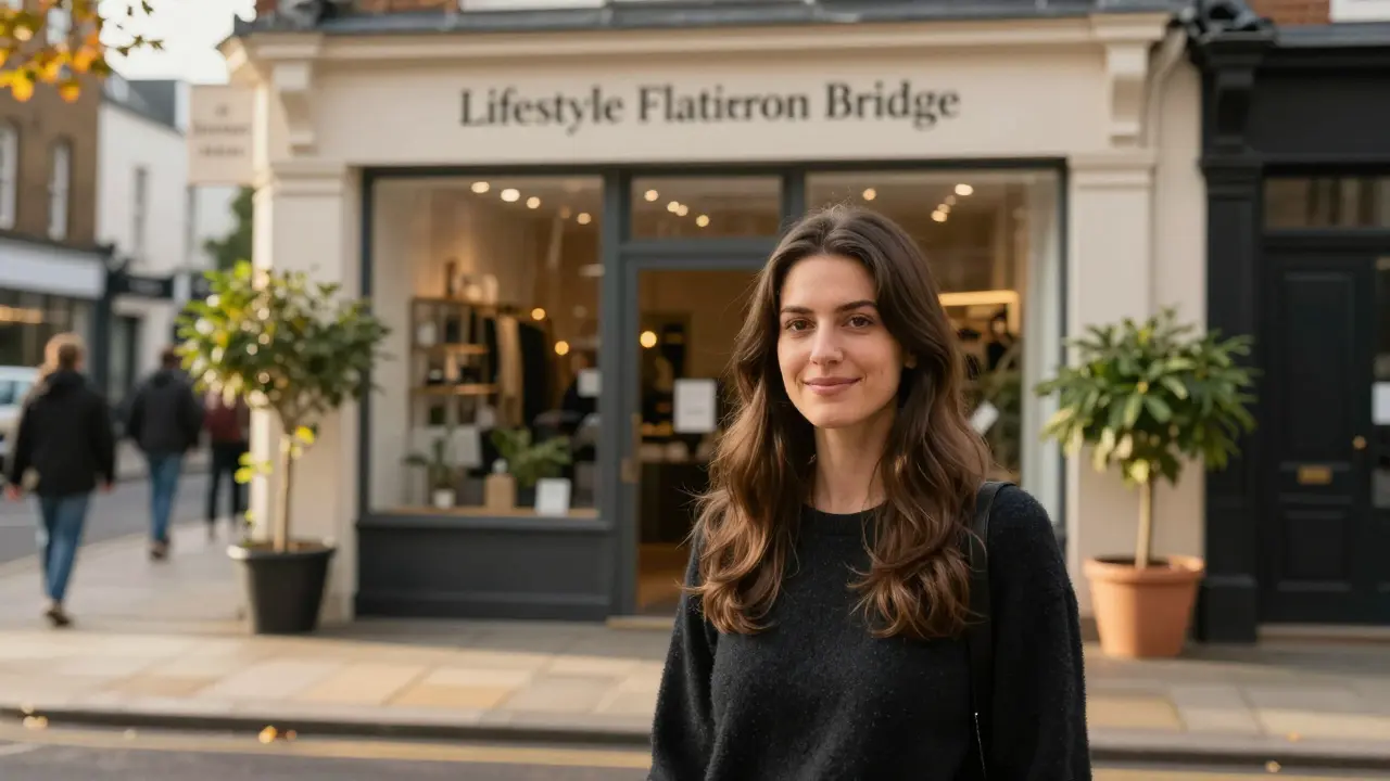 Woman smiling with smooth hair in front of Lifestyle Flat Iron London Bridge storefront.