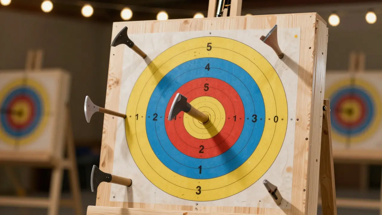 Wooden axe target with multiple axes stuck in scoring zones, one perfectly embedded blade-first.