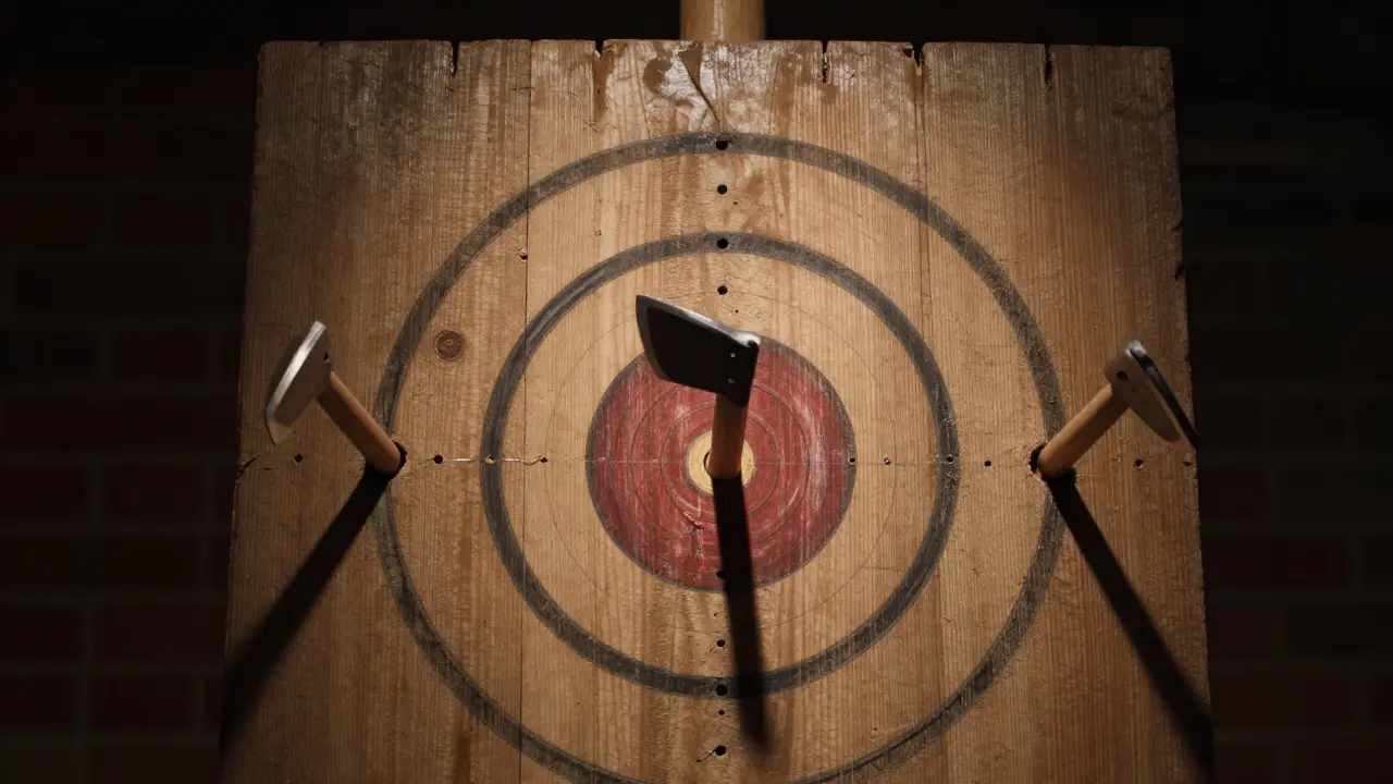 Wooden target with multiple axes stuck in it, one perfectly centered