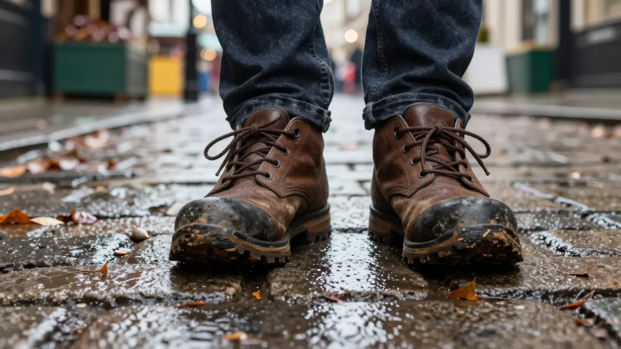 Worn walking shoes on wet cobblestones in Covent Garden.