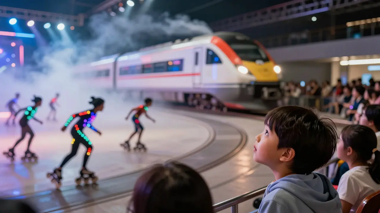 A child in the audience watching a train zoom overhead in awe.