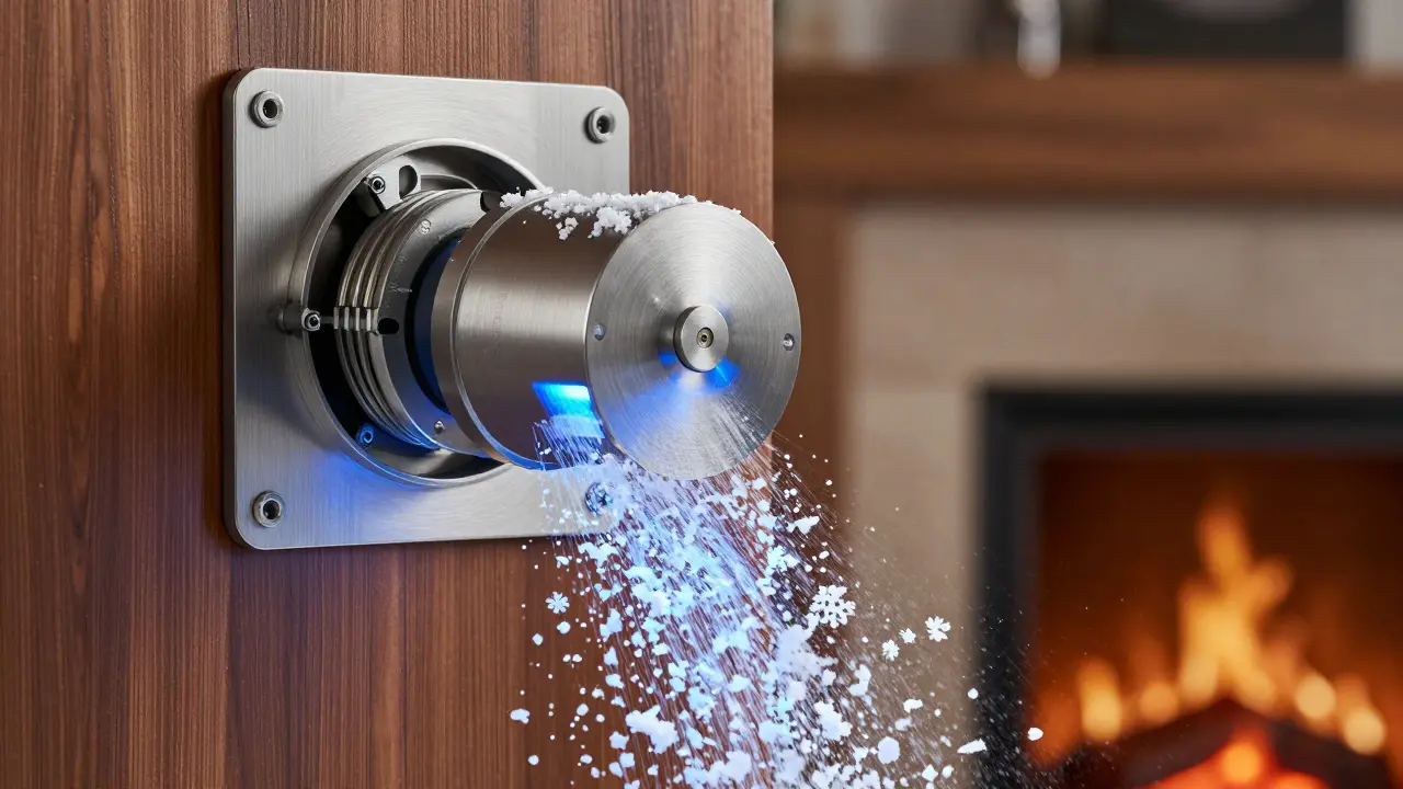 A close-up of a mechanical snow machine releasing delicate biodegradable flakes in a quiet, warm interior.