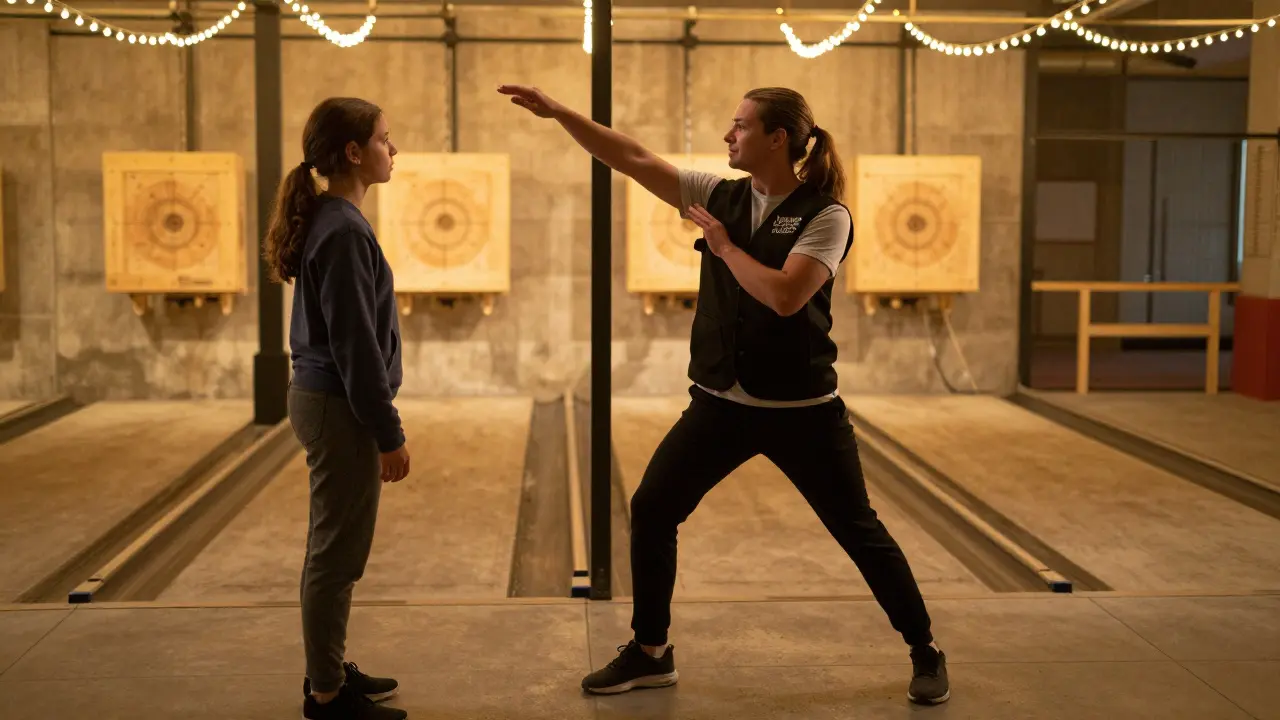 A coach demonstrating the correct axe throwing stance to a beginner in a London venue.