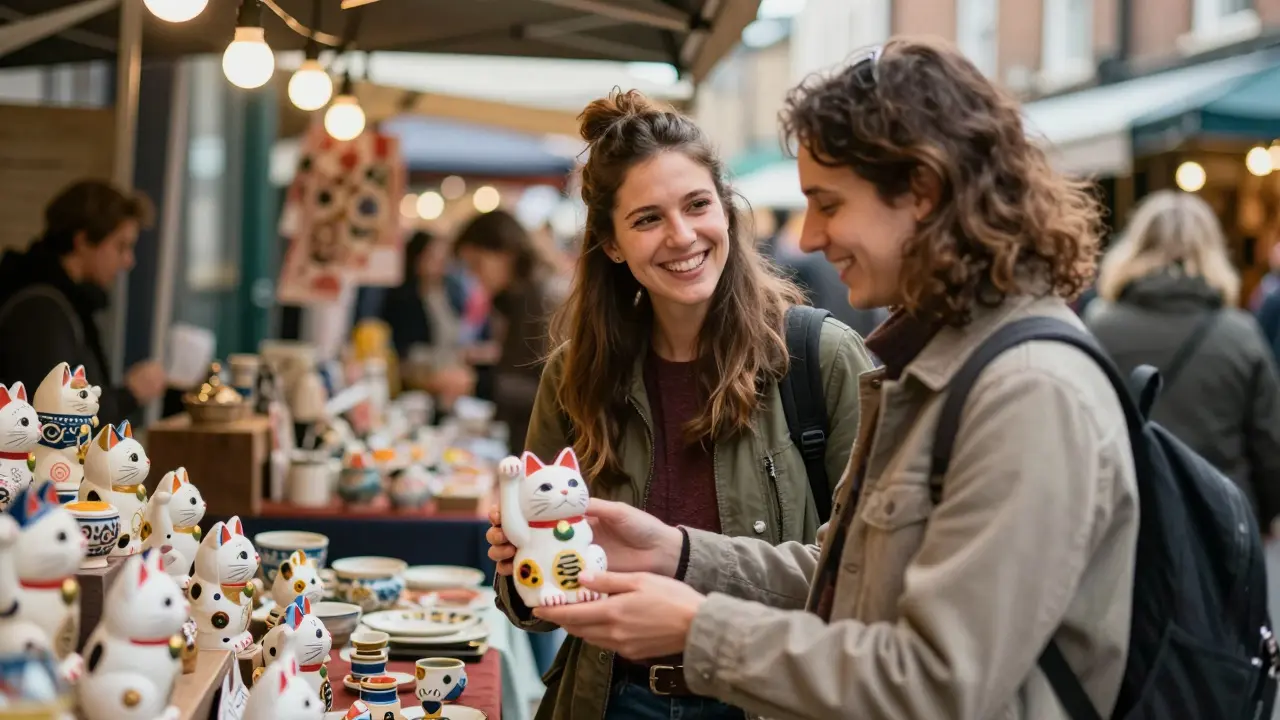 A couple choosing a lucky cat at a market stall in Brixton, surrounded by handmade crafts.