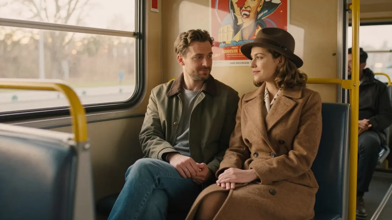 A couple on a vintage bus bench, one in modern clothes, the other in a 1940s coat, smiling in golden light.