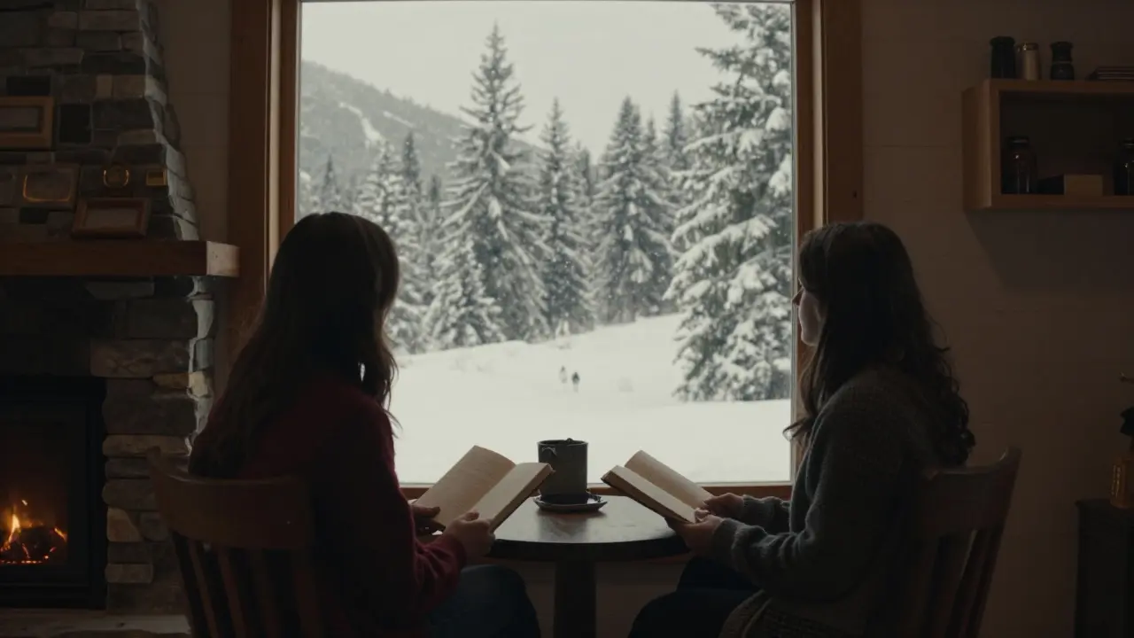 A couple sitting peacefully by a window as snow falls, one reading in a journal, the other watching the scene.