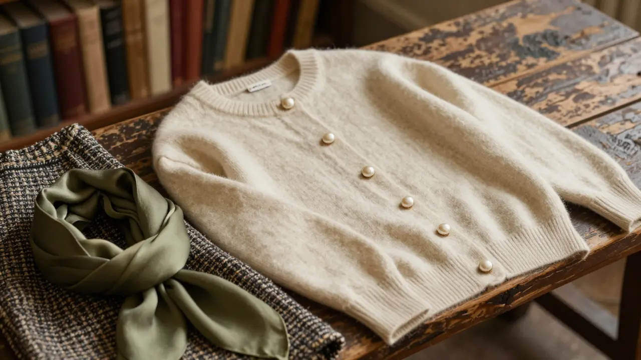A cream cashmere sweater with pearl buttons laid on a wooden bench beside a skirt and scarf.
