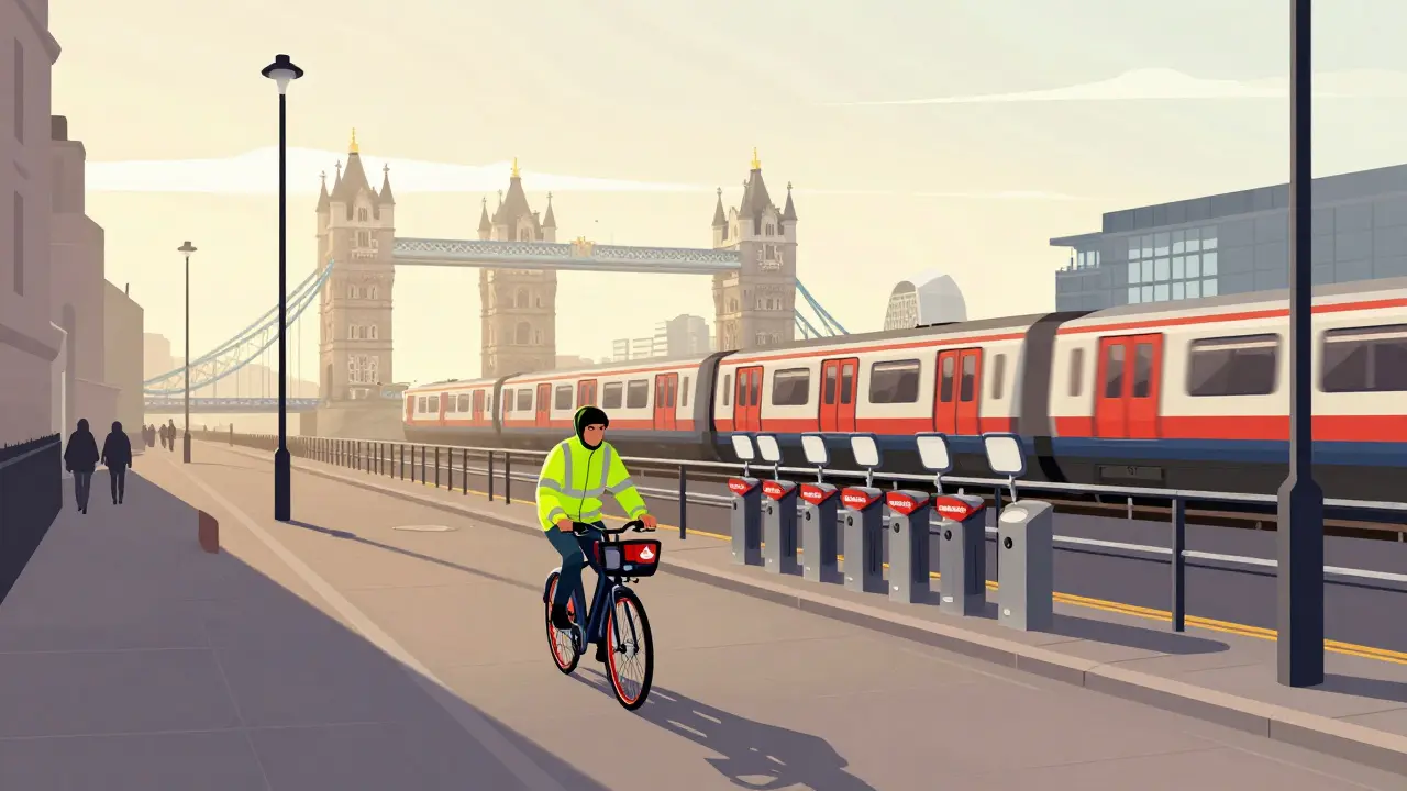 A cyclist riding along a quiet London street at dawn, passing docking stations and an elevated Overground train with city landmarks in the background.