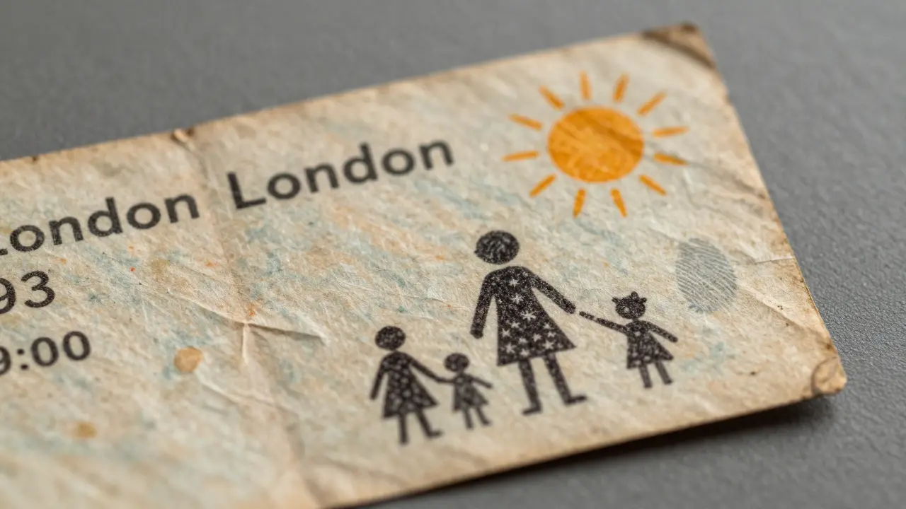 A faded 1930s bus ticket with a child's drawing on the back and a fingerprint.