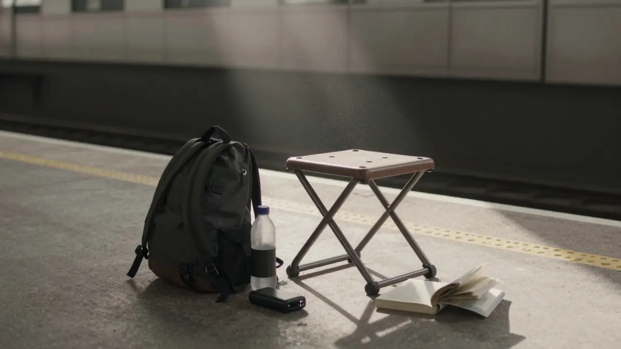 A folded portable stool and backpack with essentials on an empty Tube platform, illuminated by a single beam of morning light.