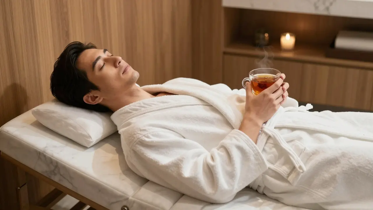 A guest relaxes on a heated marble lounger, wrapped in a robe, holding herbal tea with eyes closed in quiet peace.