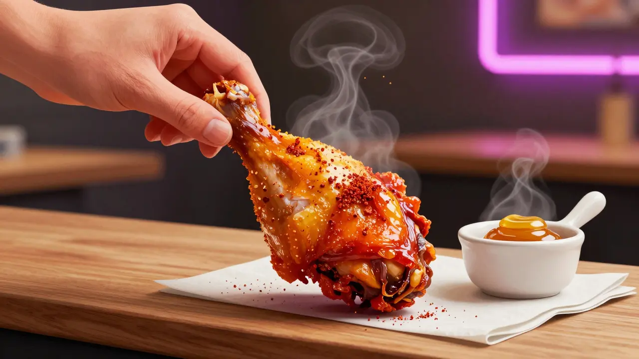 A hand holding a spicy chicken thigh with spice dust visible and honey butter nearby