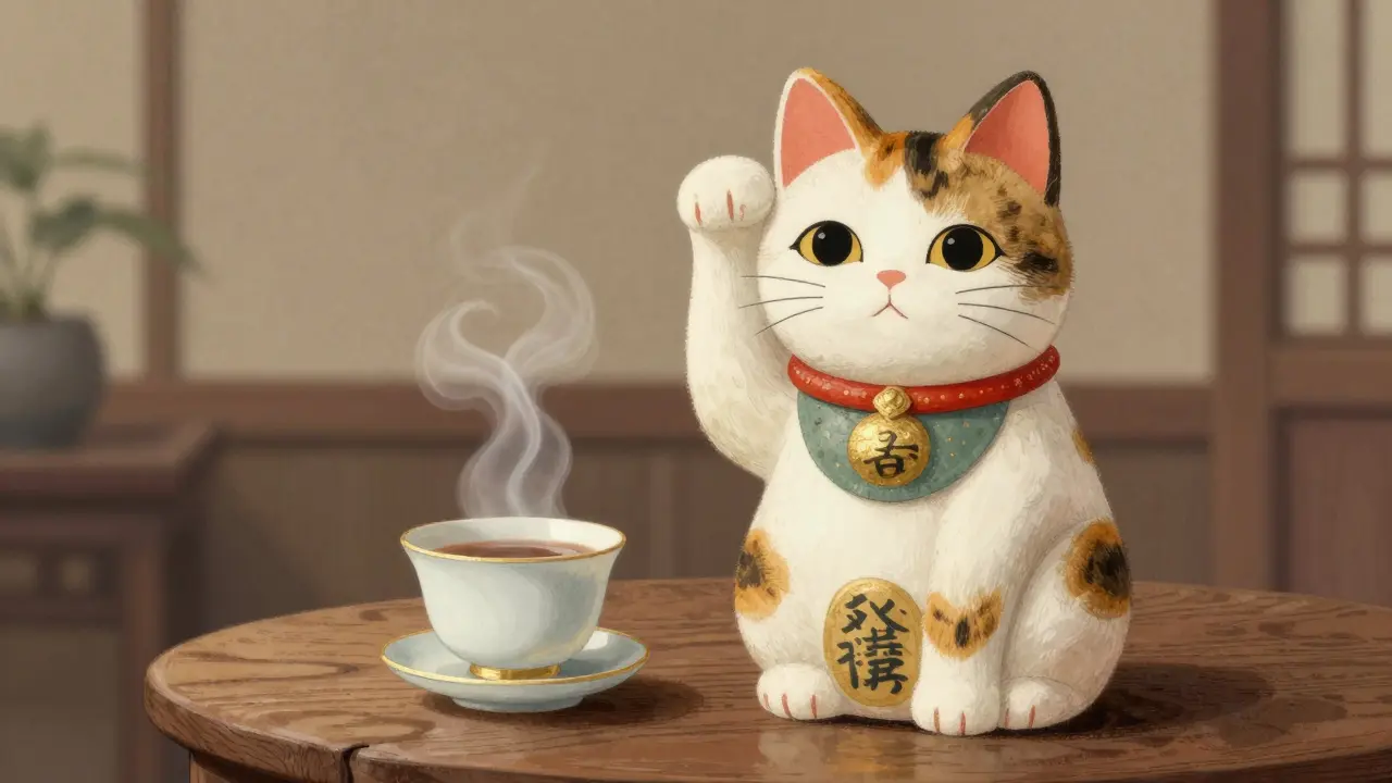 A hand-painted calico lucky cat beside a steaming teacup with a delicate scarf.