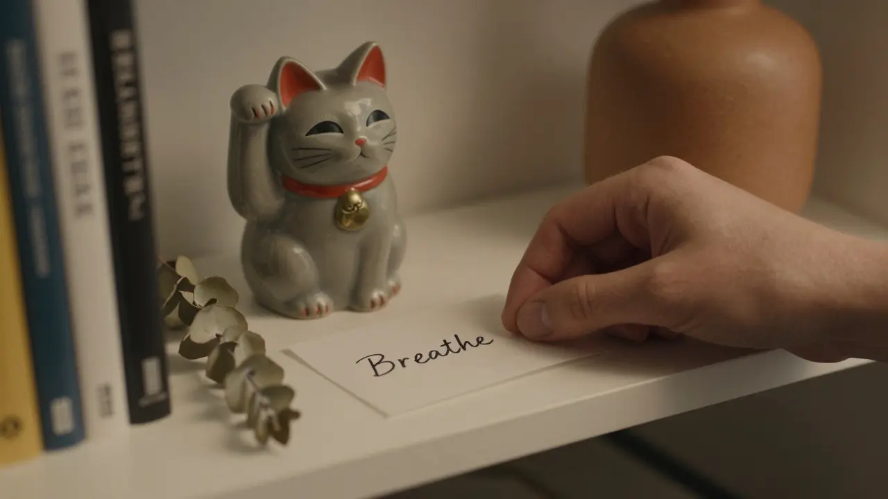 A hand placing a note saying 'Breathe' under a lucky cat figurine on a bookshelf.