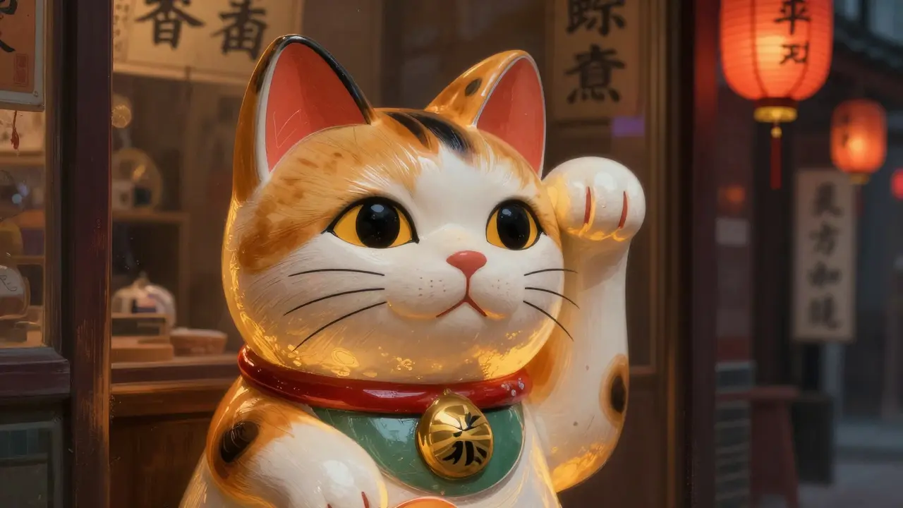 A handmade calico lucky cat in a Chinatown shop lit by lantern glow.