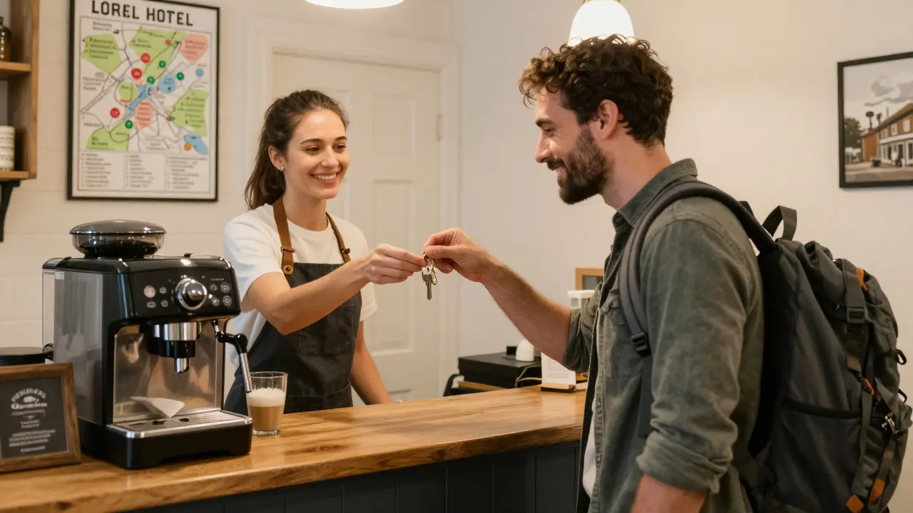 A hotel staff member handing a key to a traveler at a small reception desk.