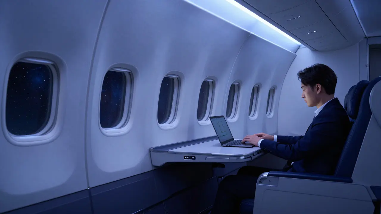 A lone traveler working calmly in a quiet, spacious premium cabin with soft ambient lighting.