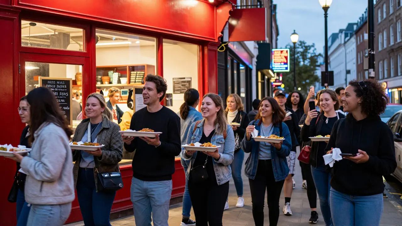 A long line of people laughing outside Dave's Hot Chicken in Soho, holding trays and taking photos at dusk.