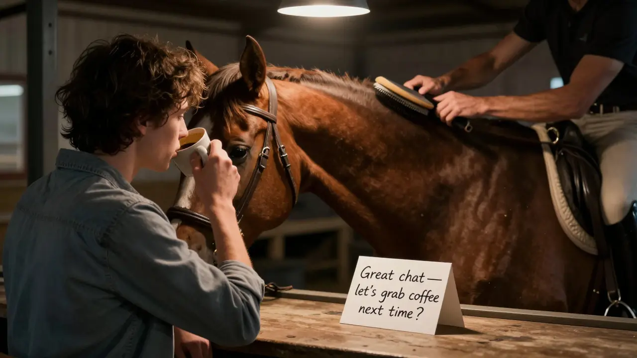 A person drinking coffee while watching a horse being groomed, with a handwritten note on a table nearby.