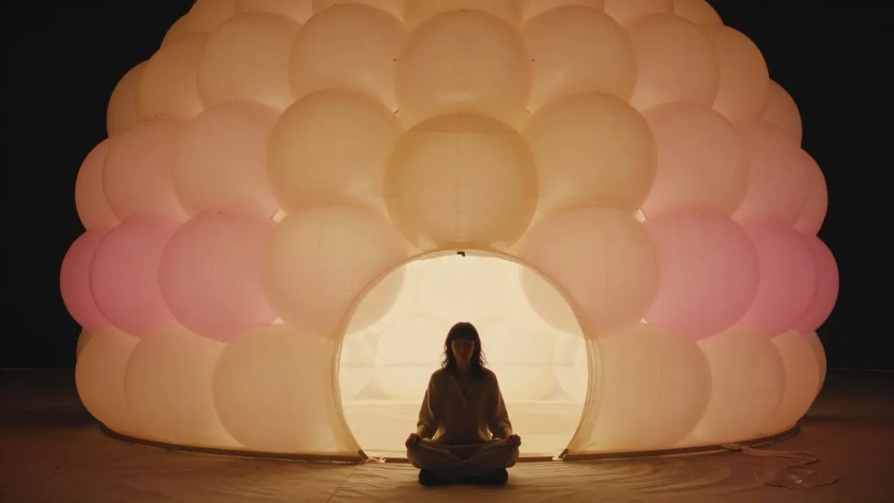 A person sitting peacefully inside a glowing dome of air-filled balloons, eyes closed, bathed in warm ambient light.