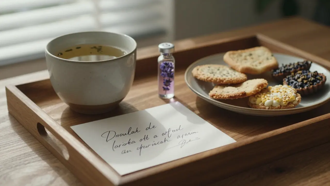 A personalized meal tray with herbal tea, a handwritten note, and lavender mist under soft lighting.