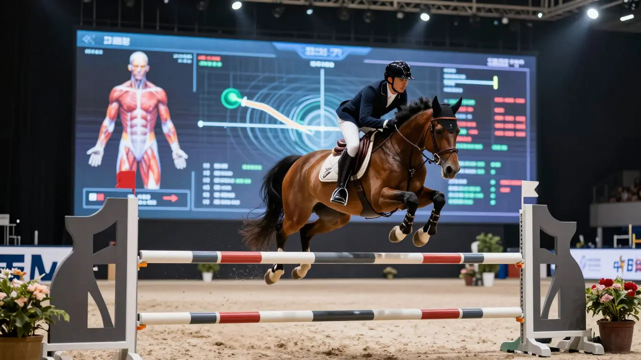A rider mid-jump with AR overlays displaying muscle movement on the arena screen.