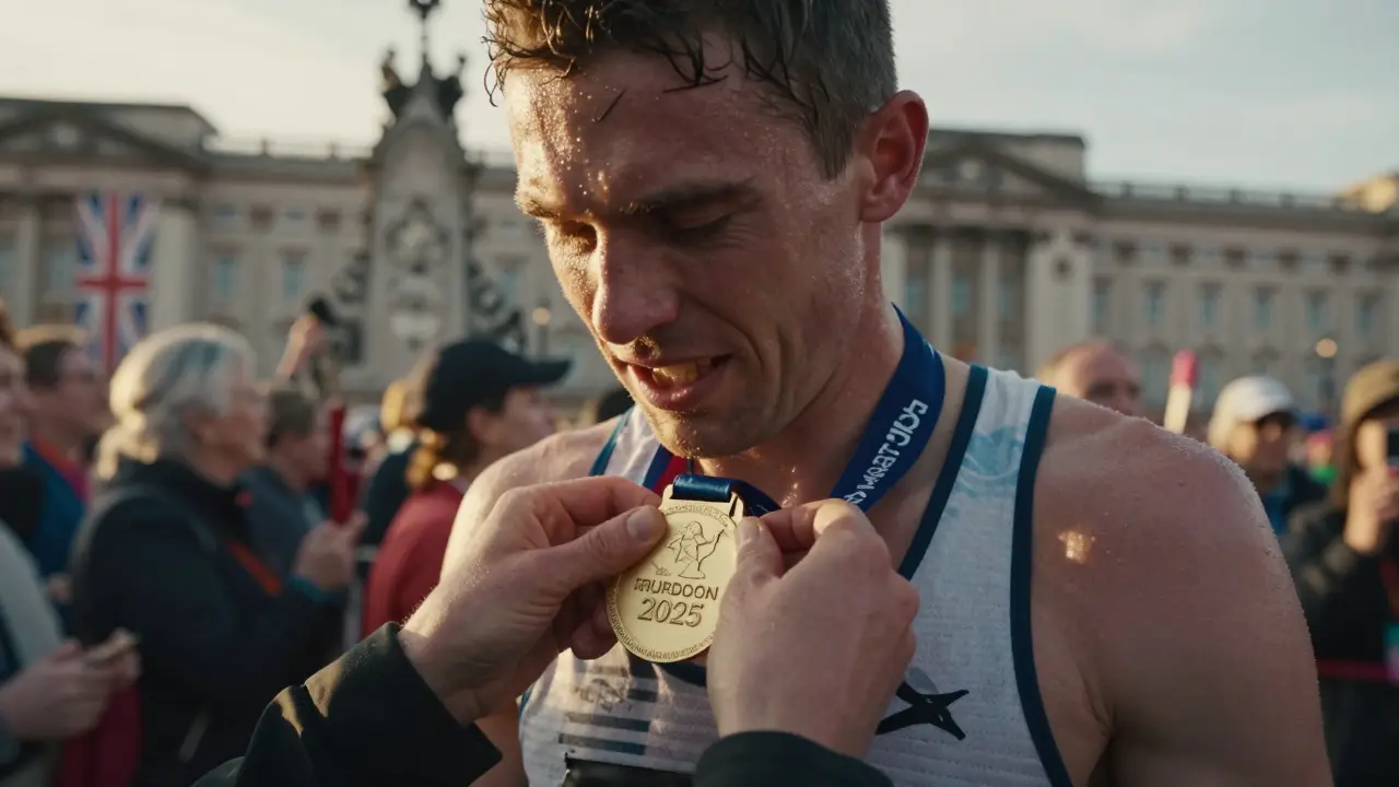 A runner receiving a medal at The Mall near Buckingham Palace as a volunteer smiles warmly.