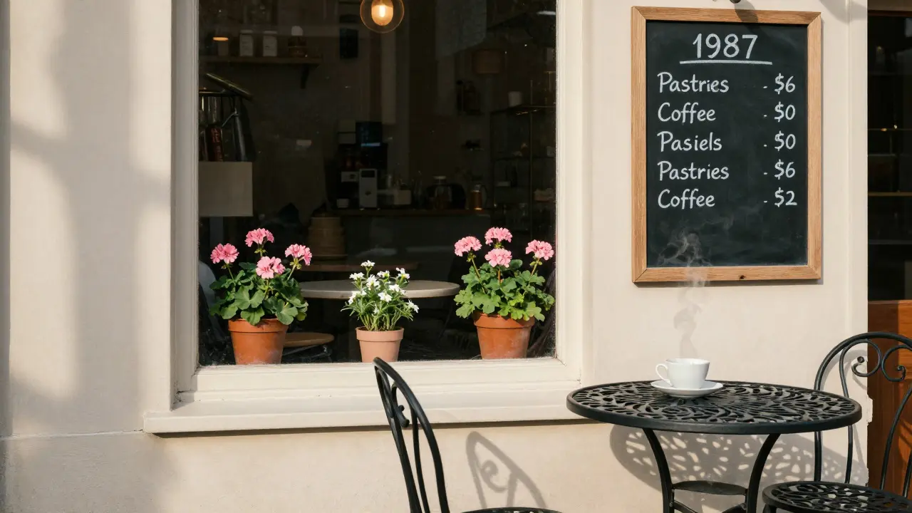 A small bakery with chalkboard menu and steaming teacup outside in soft afternoon light.