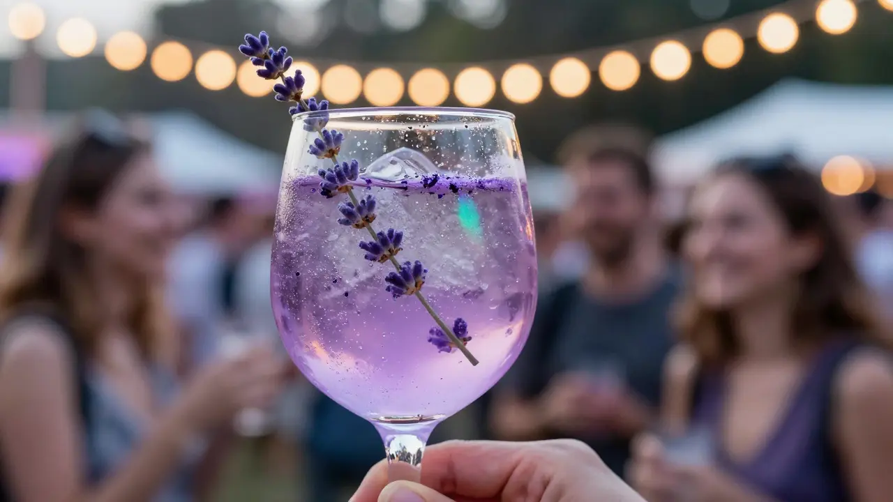 A sparkling lavender gin cocktail with edible glitter and lavender garnish, glowing under festival lights.