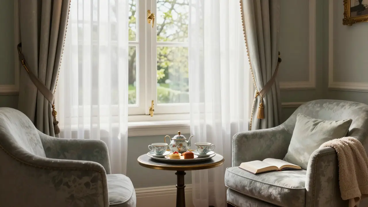 A tranquil lounge with two armchairs, a tea tray, and sheer curtains moving in the breeze.