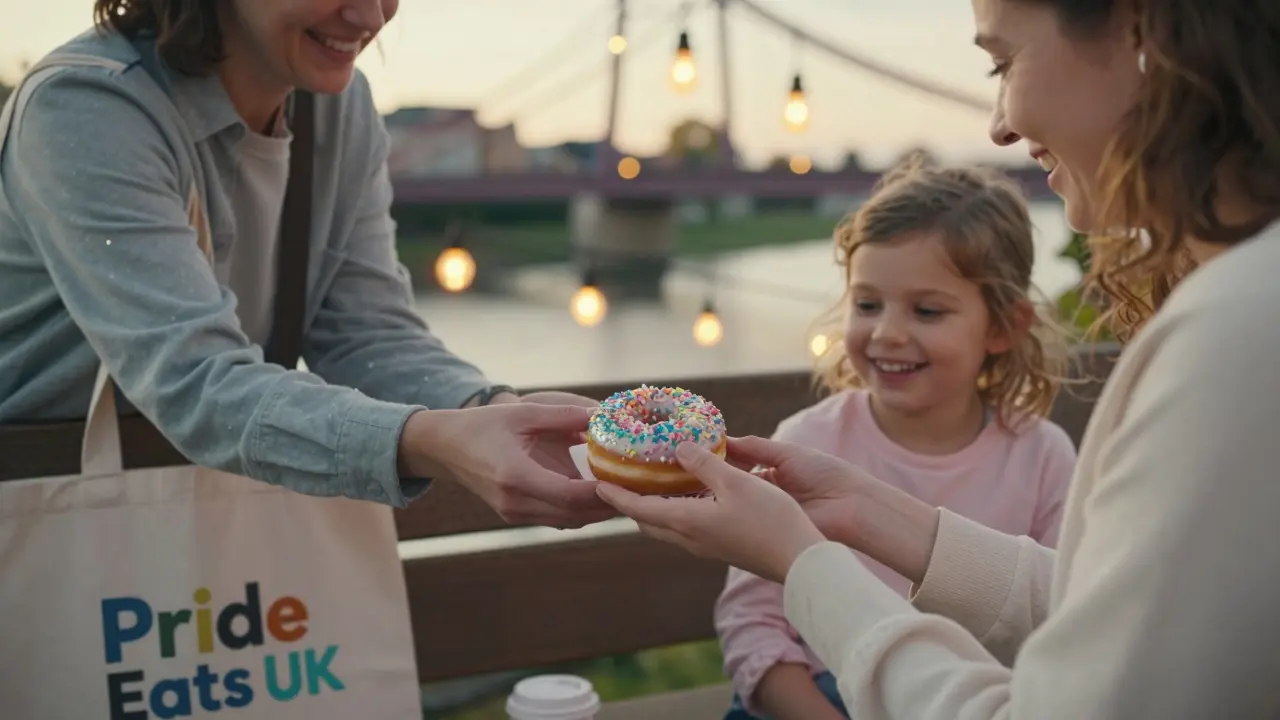 A vendor smiling as they hand a glittery gluten-free doughnut to a delighted child at London Pride.