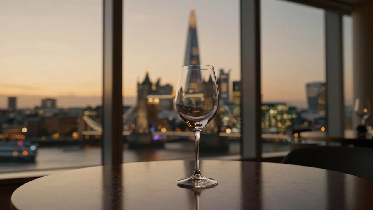 A wine glass on a table with the London Shard and city lights reflected in the background.
