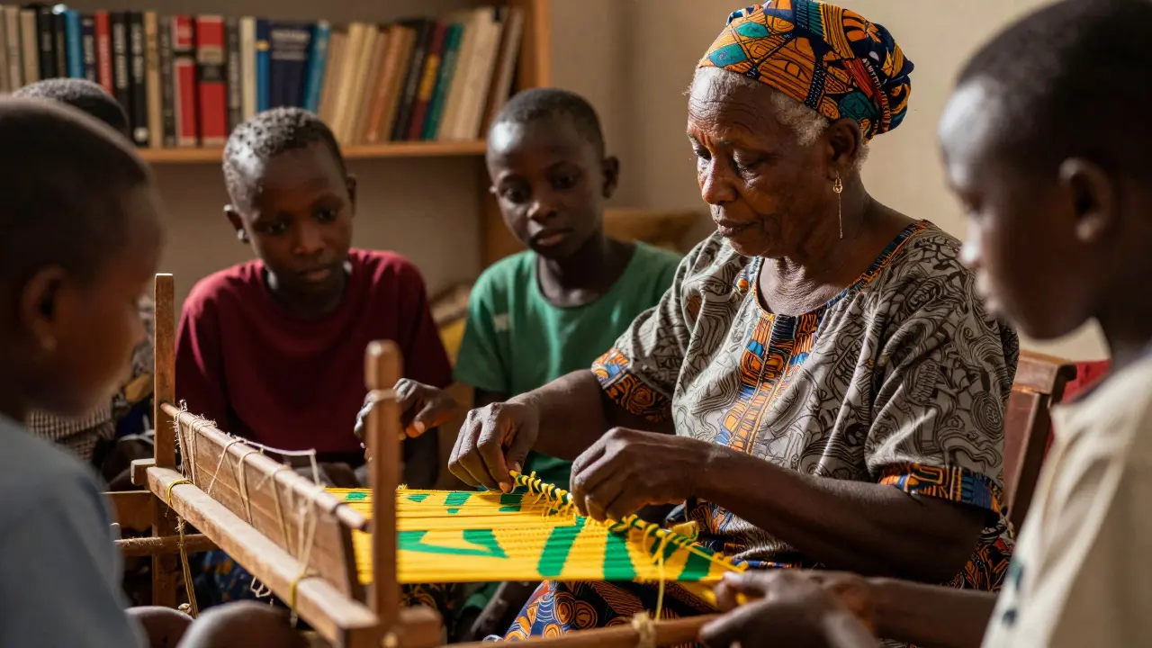 An elder teaching students to weave traditional fabric, sunlight highlighting the colorful threads.