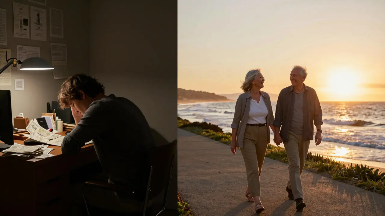 An elderly couple walking peacefully on a beach at sunset, symbolizing a stress-free retirement.
