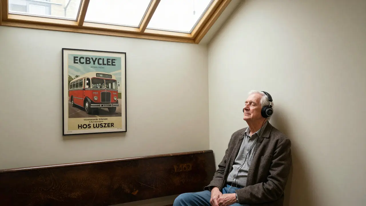 An elderly visitor listening to a historical audio clip in a quiet museum corner.