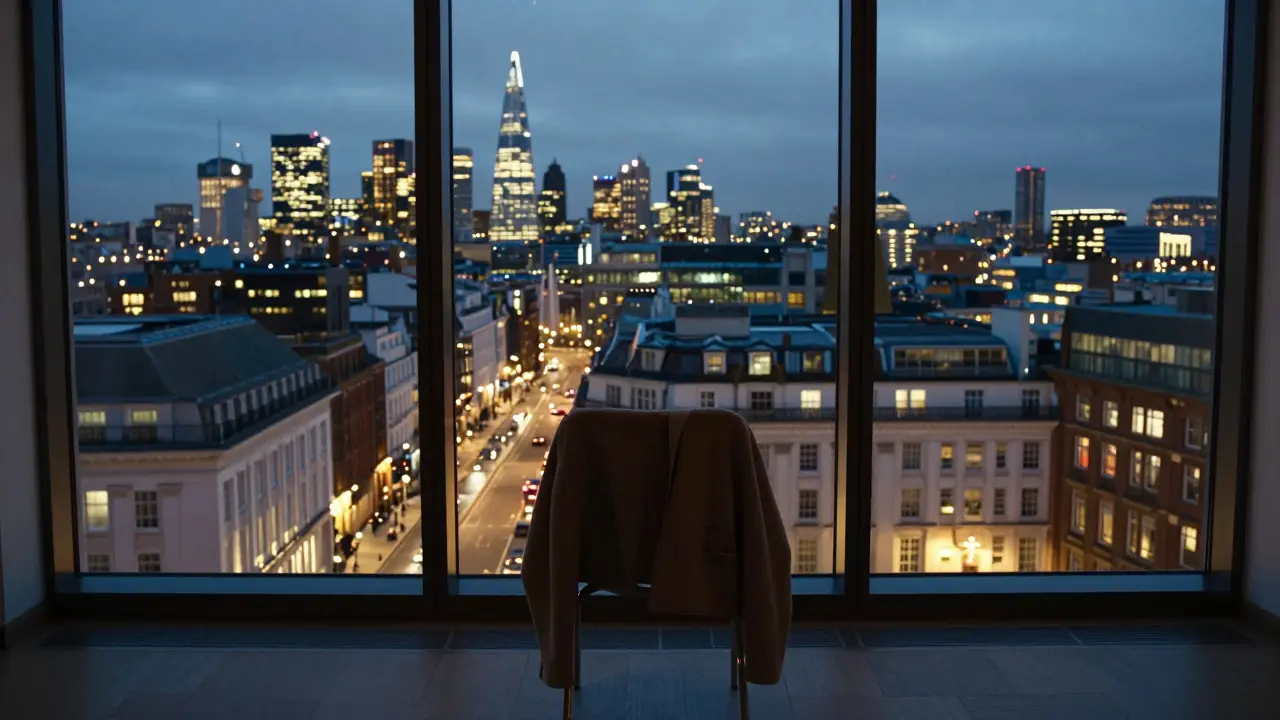 An empty chair by a window overlooking a glowing London cityscape at night.