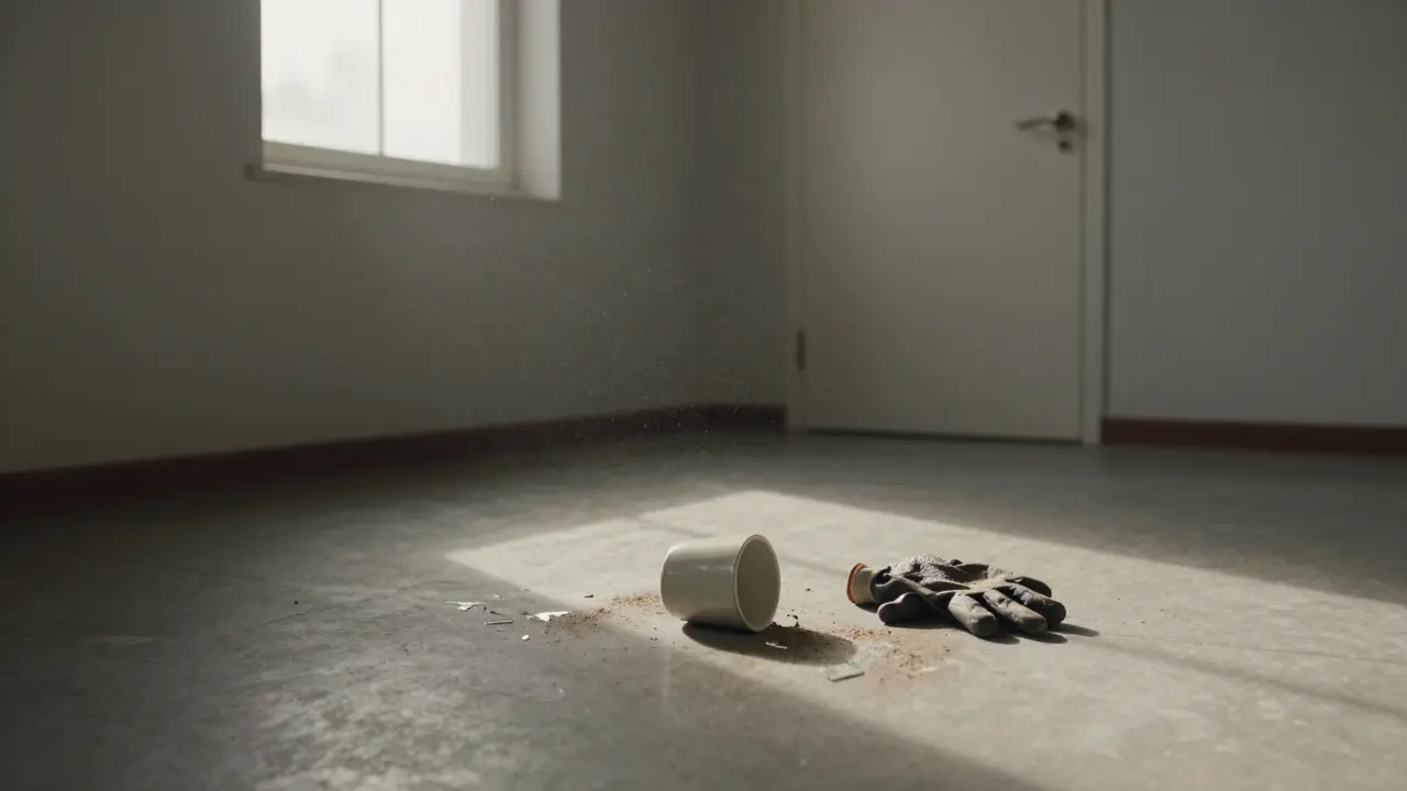 An empty rage room with a single broken mug on the floor, bathed in soft afternoon light.