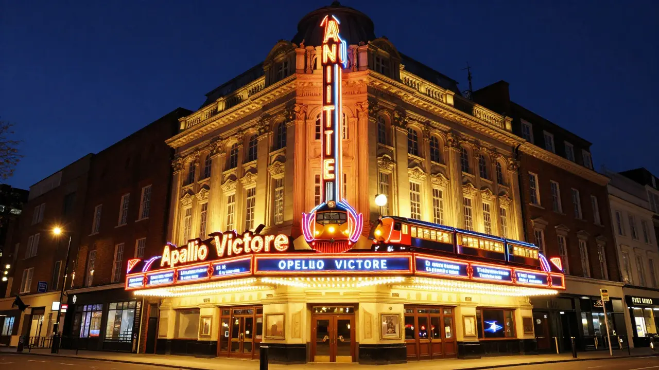 Apollo Victoria Theatre at night illuminated with glowing train-themed signage.
