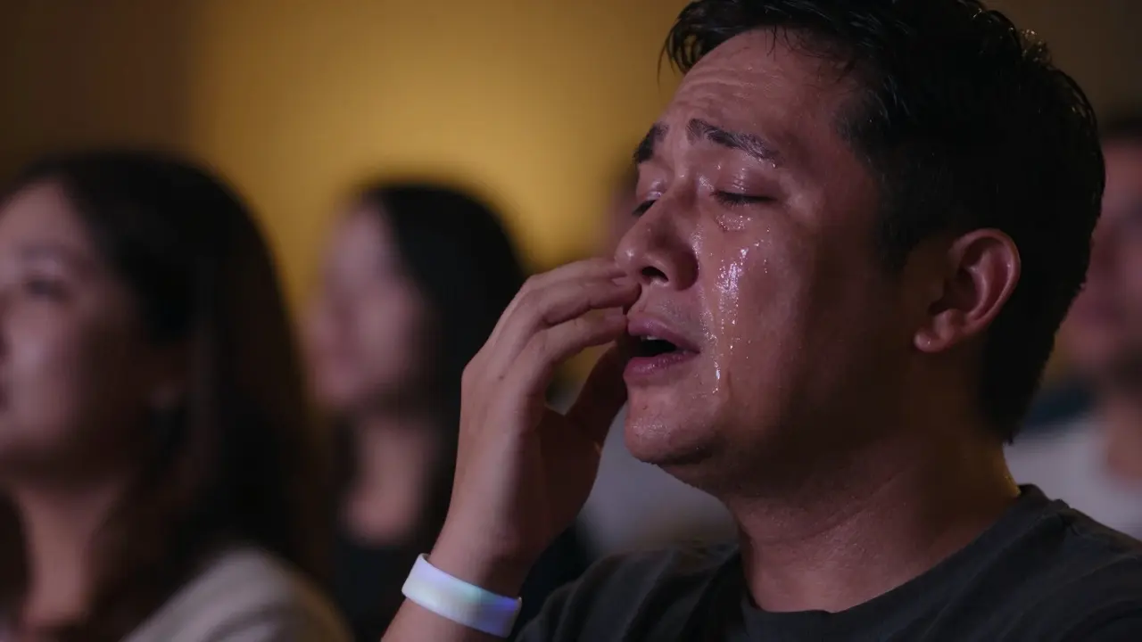 Audience member with tears in their eyes, softly singing along.