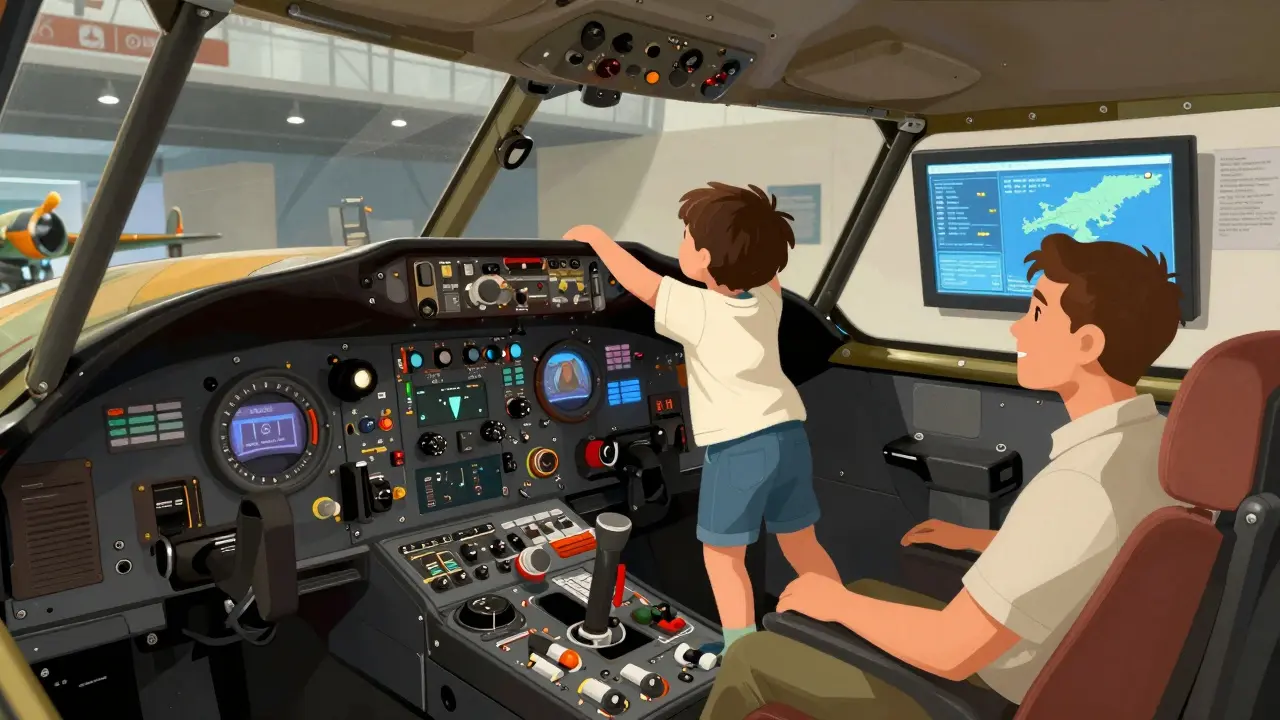 Child climbing Lancaster bomber cockpit with staff assistance