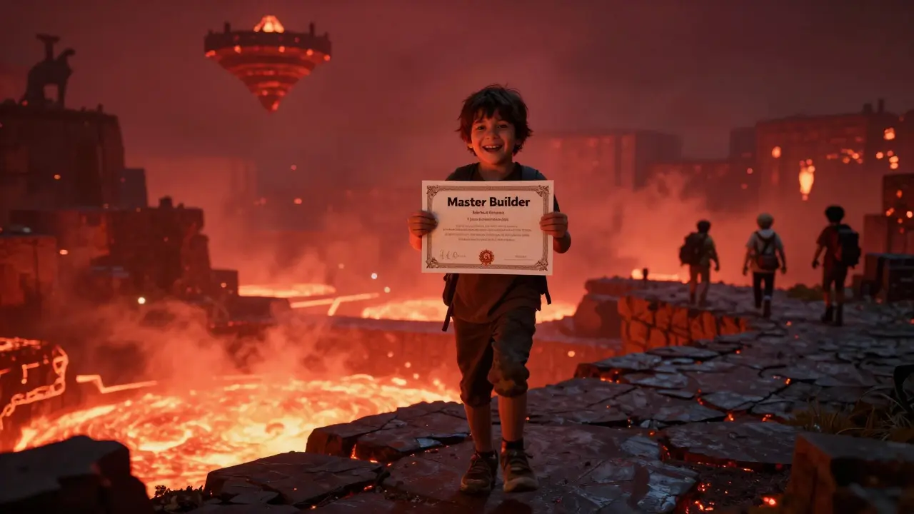 Child smiling while holding a 'Master Builder' certificate, with glowing red fog and lava in the background.
