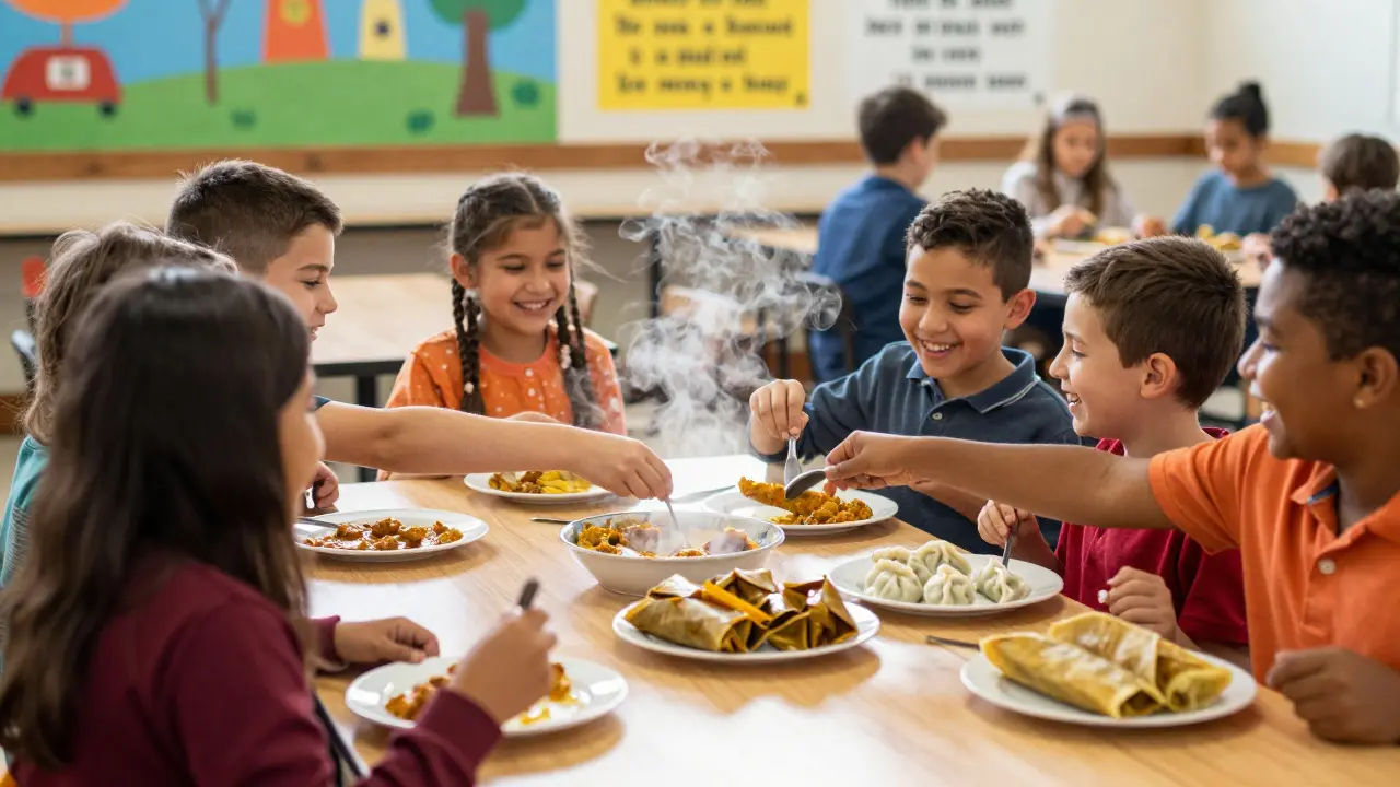 Children from diverse backgrounds sharing food and laughing at a multicultural school lunch table.