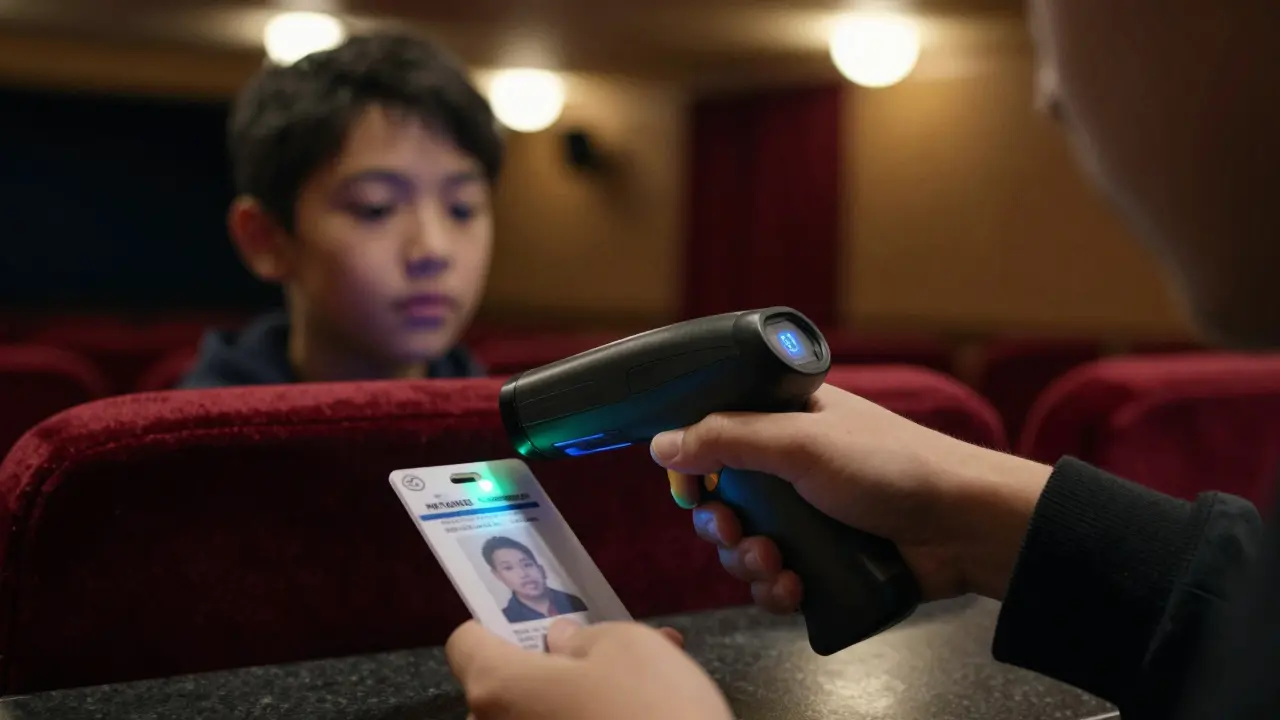 Close-up of a student ID being scanned at a theatre box office