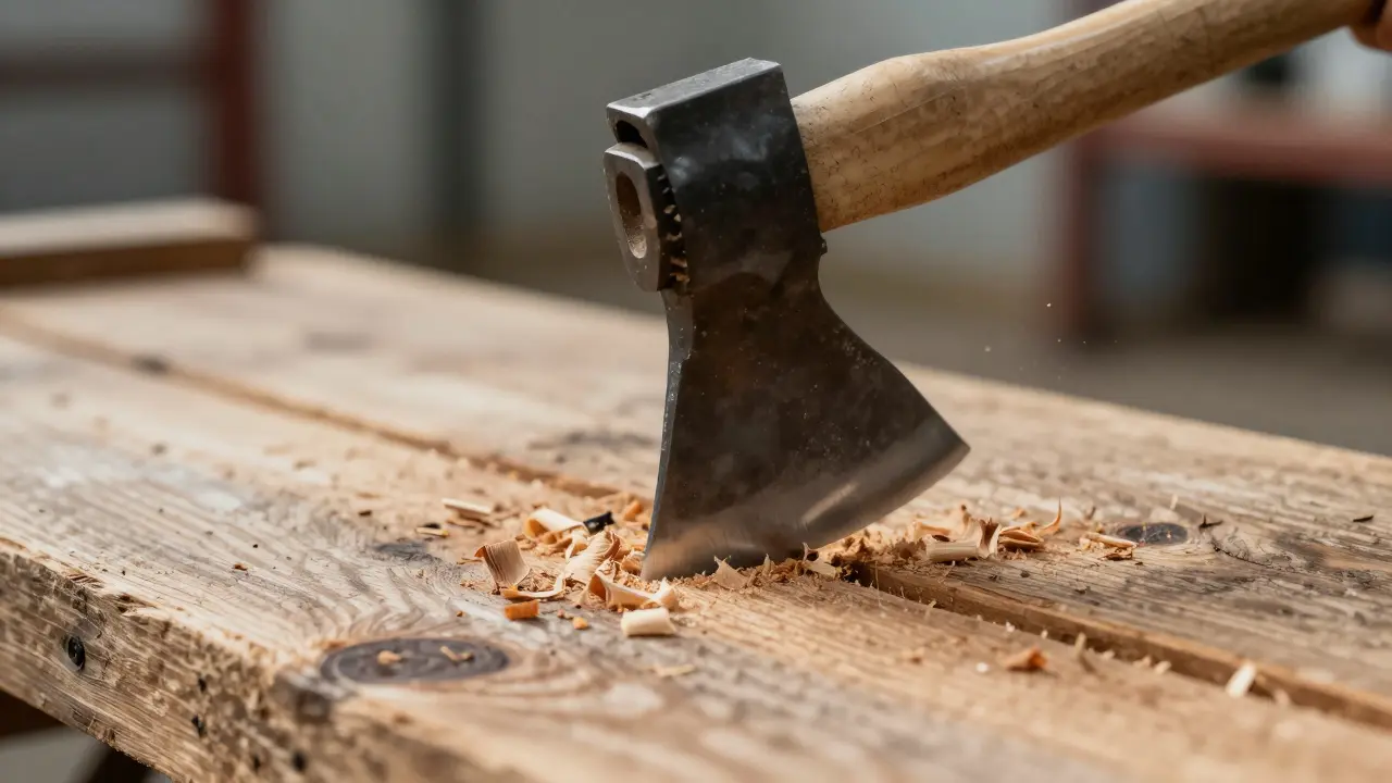 Close-up of an axe embedded in a wooden target, blade deep, handle vibrating slightly.