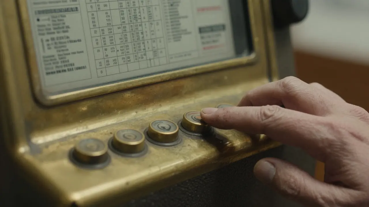 Close-up of hands operating a 1960s mechanical ticket machine at a transport museum.